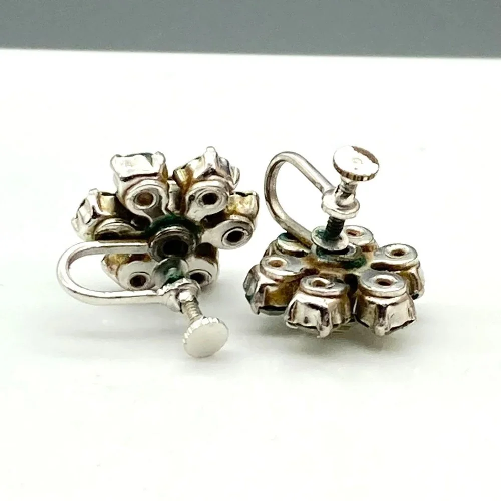 Vintage Clear Crystal Flower Earrings, Classic Silver Tone Screw Back with Prong - Picture 5 of 5